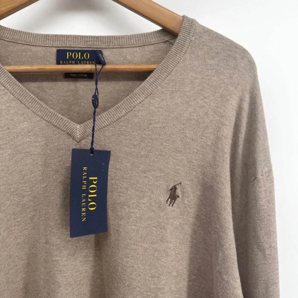 Polo Ralph Lauren Mens XL Pima Cotton V-Neck Sweater Tan Heather NWT